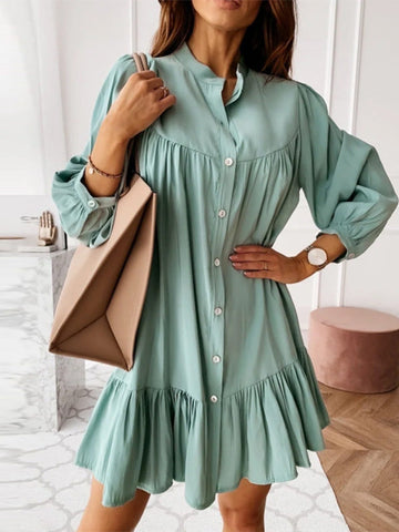 Woochic mini robe à volantée boutonnage col montant manches bishop élégant de cocktail Café S